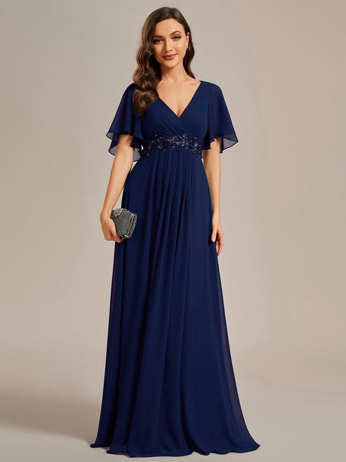 Bridesmaid Gown with V Neck Lace Applique