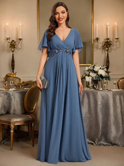 Bridesmaid Gown with V Neck Lace Applique