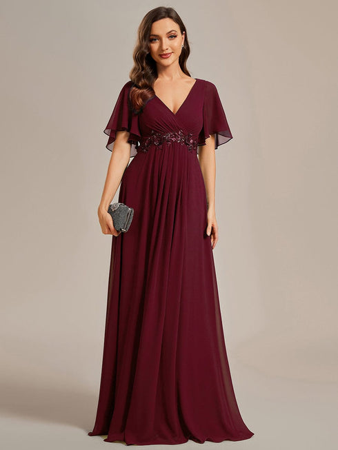 Bridesmaid Gown with V Neck Lace Applique