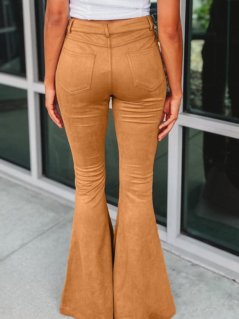 Brown Exposed Seam Flare Suede Pants with Pockets