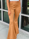 Brown Exposed Seam Flare Suede Pants with Pockets
