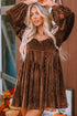 Brown Velvet Babydoll Dress with Square Neck and Tie Back