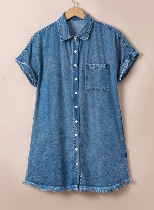 Button Short Sleeve Denim Shirt Dress