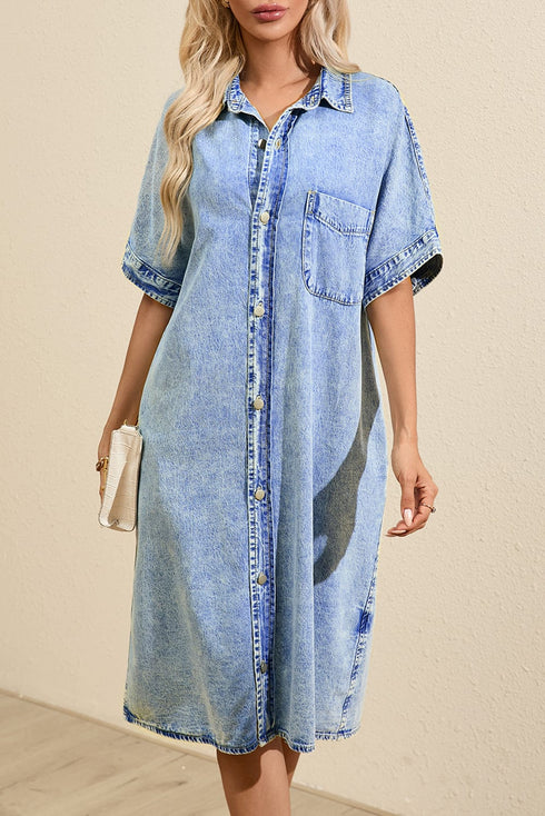 Button Short Sleeve Denim Shirt Dress