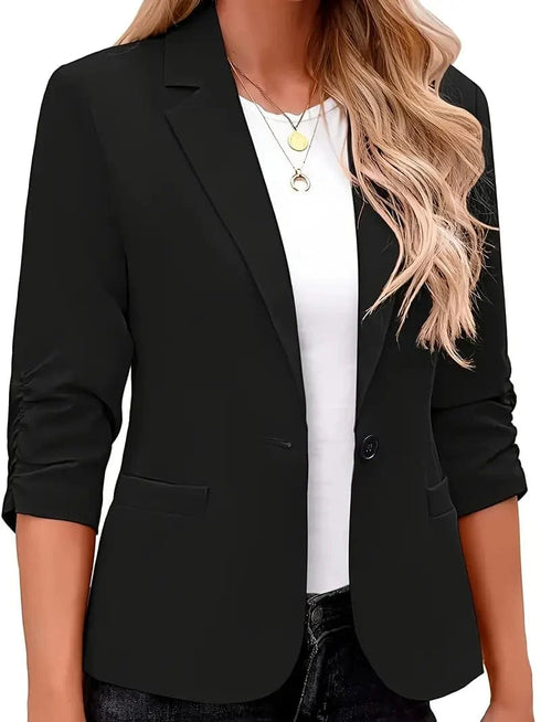 Button Up Solid Blazer with 3/4 Sleeves and Lapel Collar