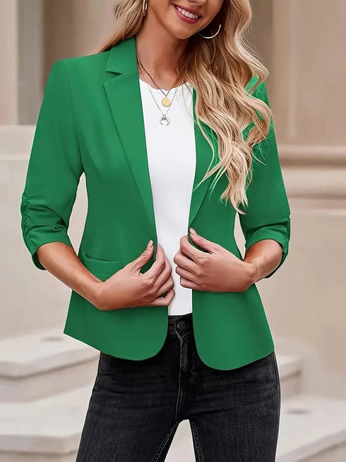 Button Up Solid Blazer with 3/4 Sleeves and Lapel Collar