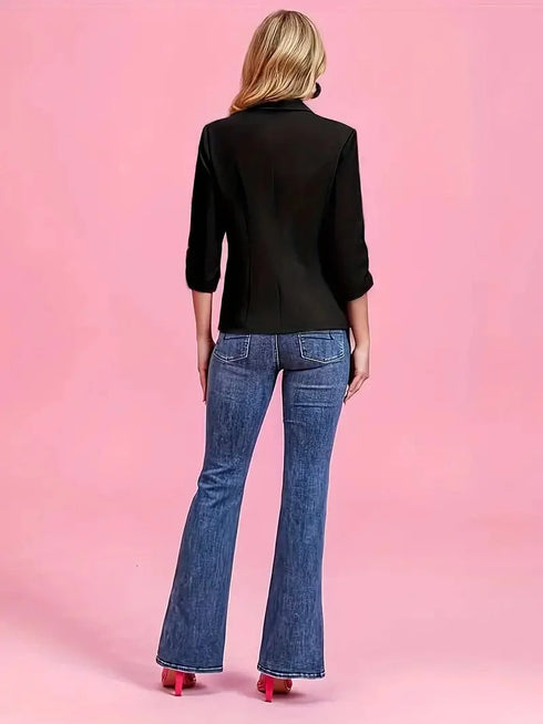 Button Up Solid Blazer with 3/4 Sleeves and Lapel Collar