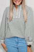 Light Grey Rhombus Textured Striped Patchwork Zip Neck Pullover Sweatshirt