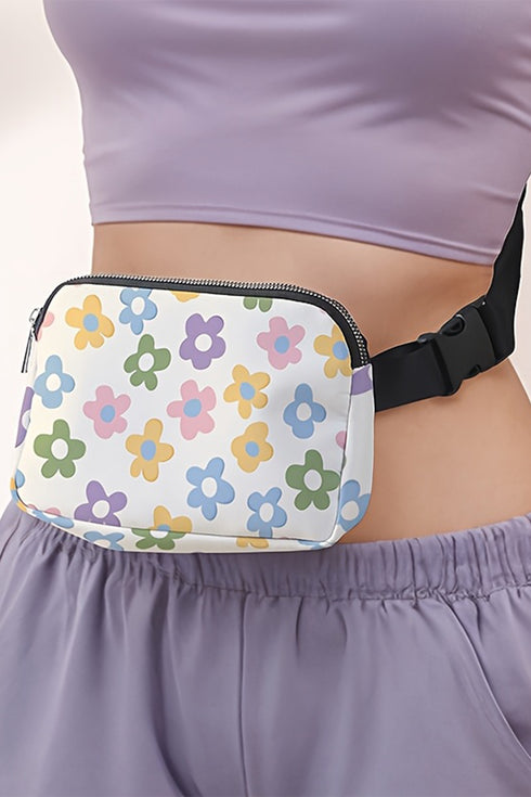 White Dainty Flower Printed Canvas Crossbody Bag