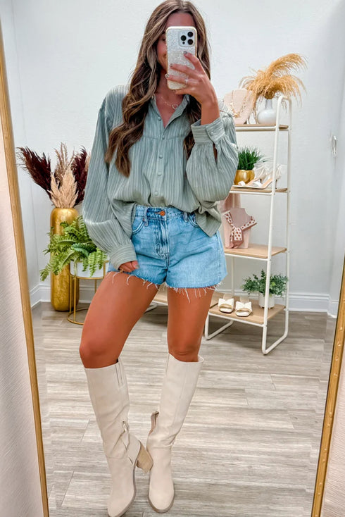 Smoke Green Crinkled Texture Lantern Sleeve Button Down Loose Shirt