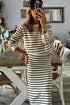 Black Stripe Ribbed Trim Button Cuff Long Sleeve Top Midi Skirt 2pcs Outfit