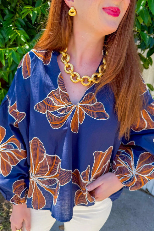 Bluing Big Flower Embroidered V Neck Puff Sleeve Blouse