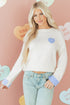 White Plaid Heart Embroidered Cuffed Drop Shoulder Crew Neck Sweater