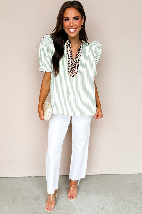 Green Stripe Ricrac Trim Short Puff Sleeve Leopard Patchwork Collar V Neck Blouse