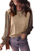Apricot Floral Patchwork Shirred Cuff Puff Sleeve Sweater