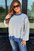 Dark Blue Waffle Knit Exposed Stitching Casual Top with Side Slits