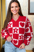 Fiery Red V Neck Flower Heart Detail Checkered Knit Loose Sweater