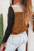 Chestnut Color Block Plush Patchwork Zipper Stand Neck Vest