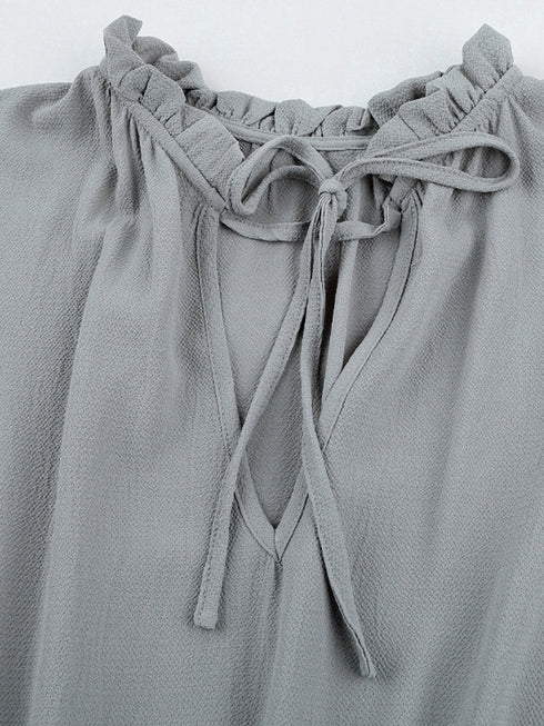 Gray V Neck Long Sleeve Ruffle Tiered Mini Dress