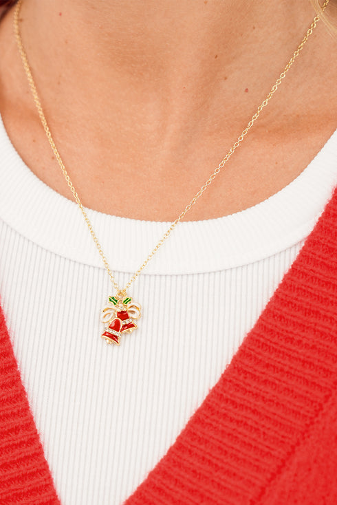 Gold Plated Chain Holly Rhinestone Jingle Bell Necklace