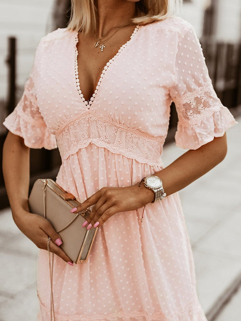 solid-color-v-neck-tie-half-sleeve-casual-dress