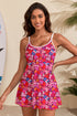 Rose Floral Print Ricrac Trim Spaghetti Strap One Piece Swim Dress