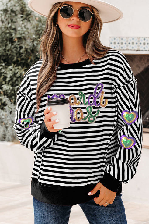 Black Stripe Raw Seam Detail Sequin Mardi Gras Heart Patched Graphic Long Sleeve Top