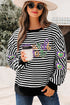 Black Stripe Raw Seam Detail Sequin Mardi Gras Heart Patched Graphic Long Sleeve Top
