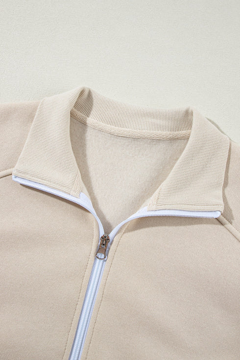 Beige Drop Shoulder Zip Up Jacket Drawstring Pants Active 2pcs Set