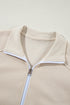 Beige Drop Shoulder Zip Up Jacket Drawstring Pants Active 2pcs Set