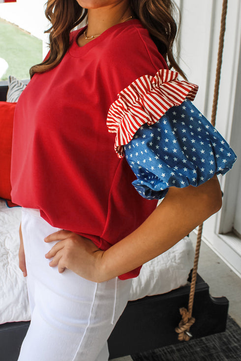 Fiery Red Stars Stripes Short Puff Sleeve Top