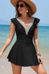 Black Ruffled Short Sleeve Lace Trim V Neck One Piece Swim Dress