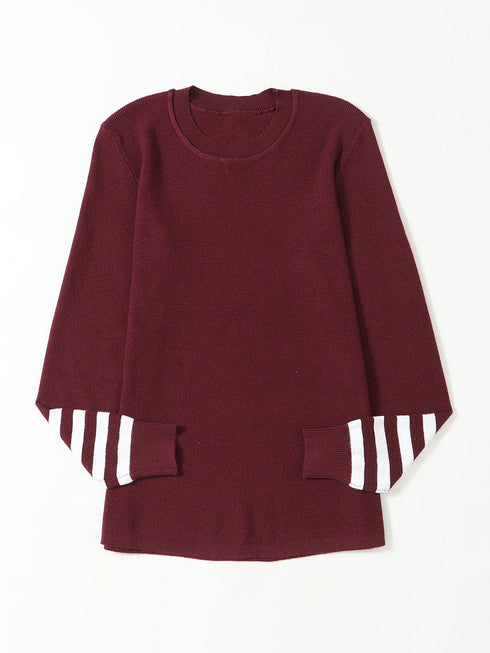 red-striped-sleeve-plain-knit-sweater