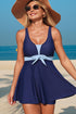 Navy Blue Color Block Patchwork Bow Knot Detail Sleeveless Swim Dress
