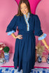 Navy Blue Contrast Frilled Trim V Neck 3/4 Ruffled Sleeve Flowy Midi Dress