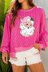Strawberry Pink Twisted Ribbed Color Block Father Christmas Patched Graphic Long Sleeve Top