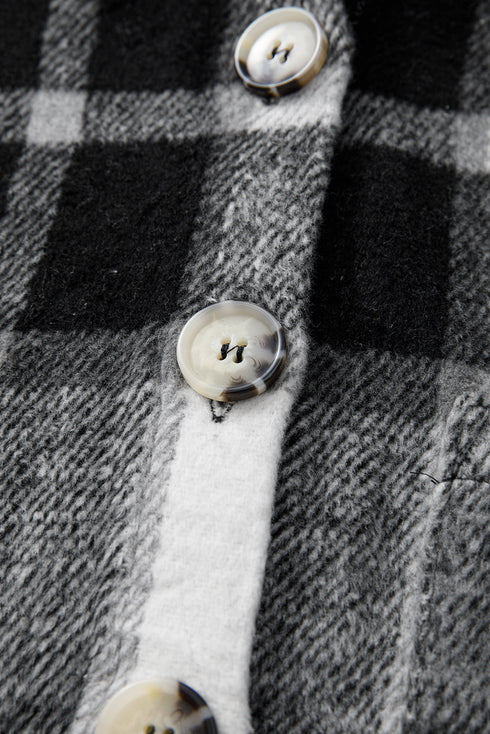 Gray Plaid Color Block Buttoned Long Sleeve Jacket with Pocket