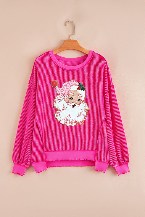 Strawberry Pink Twisted Ribbed Color Block Father Christmas Patched Graphic Long Sleeve Top