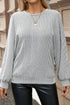 Gray Ribbed Knit Round Neck Long Lantern Sleeve Top