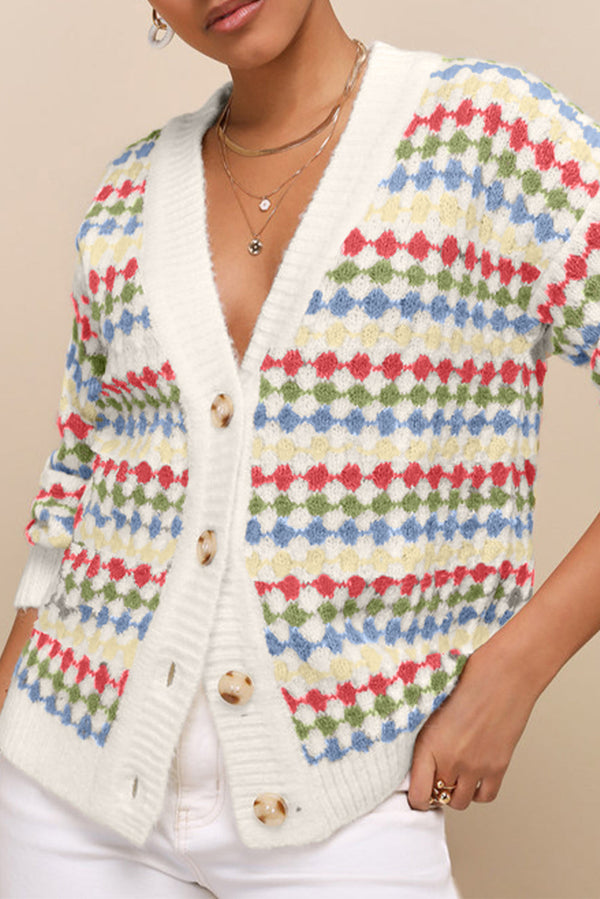 White Dotty Pattern Knit Button Front V Neck Sweater Cardigan