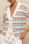 White Dotty Pattern Knit Button Front V Neck Sweater Cardigan