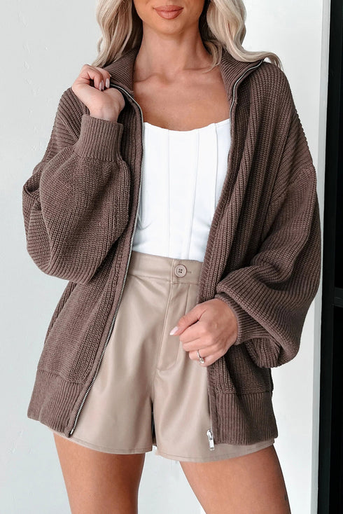 Chicory Coffee Drop Shoulder Collared Zip Up Sweater Cardigan