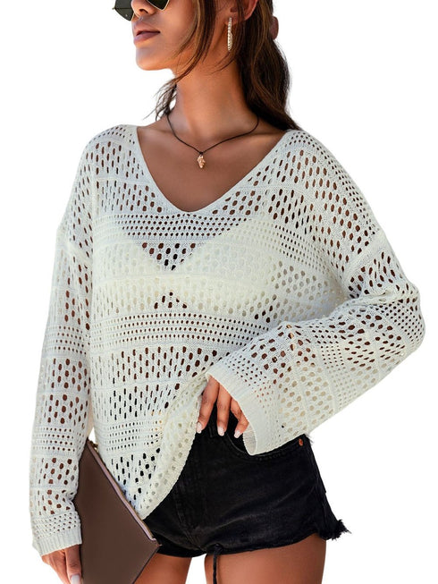 white-hollow-out-crochet-v-neck-pullover-sweater