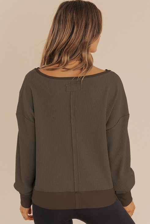 Dark Brown Waffle Knit Notched V Neck Drop Shoulder Solid Sweatshirt