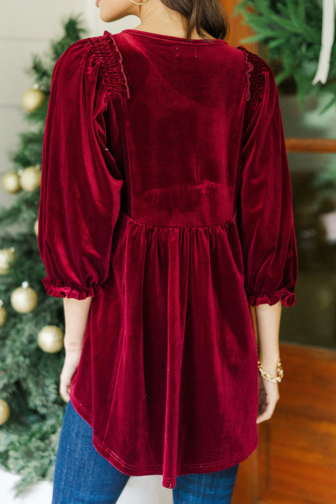 Burgundy Frilly Shirred Detail V Neck Velvet Peplum Tunic Blouse
