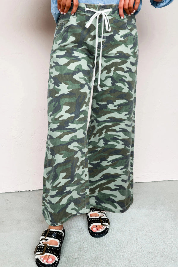 Green Camouflage Print Wide Leg Drawstring Denim Pants