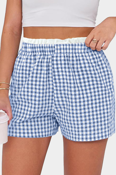 Sky Blue Contrast Trim Plaid Print Plus Size Shorts