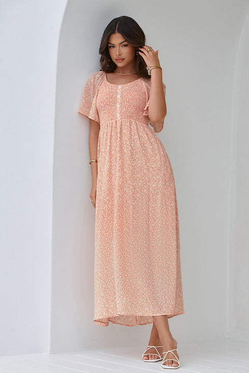 Pink Floral Print Button Smocked Bodice Long Dress