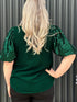 blackish-green-plus-size-sequin-short-puff-sleeve-top