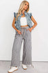 Khaki Stripe Button Patch Pocket Drawstring Elastic Waist Loose Pants